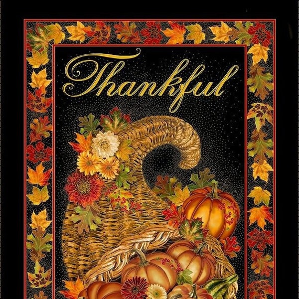 Cornucopia Metallic "Thankful" fabric panel by Timeless Treasures Fabrics - sold by the panel