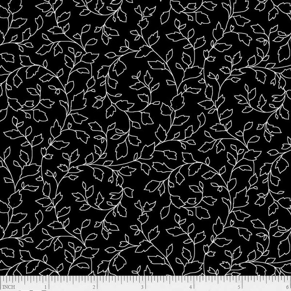 White Leafy Vines on Black fabric by P&B Textiles (Salt Pepper collection)- sold by the half yard and yard