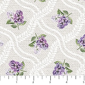 Lilacs on Pale Gray Regal fabric by Northcott (Lilac Garden collection)- sold by the half yard and yard