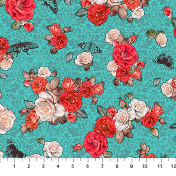 Red & White Roses on Turquoise fabric by Patrick Lose (Sanctuary collection) from Northcott - sold by the half yard and yard
