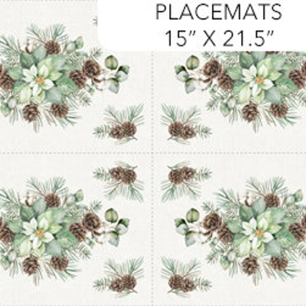 Placemats fabric panel by Northcott (White Linen Christmas collection) - sold by the panel of two placemats