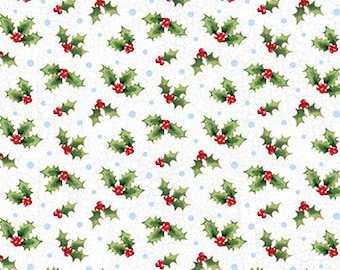 Tossed Holly w/ white background fabric by Northcott (Winter Welcome collection)- sold by the half yard and full yard