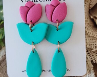 Turquoise/Hot Pink Tulip Earrings ~ Flower Earrings ~ Handmade Polymer Clay Earrings