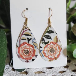 Orange Floral Decoupage Teardrop Earrings