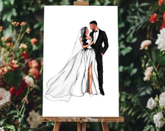 Aangepaste bruiloft portret, gepersonaliseerde digitale illustratie paar, tekening bruid en bruidegom, bruiloft decor, huwelijkscadeau, aangepaste paar kunst
