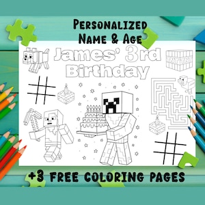 Página para colorear de una aventura pixelada: nombre y edad personalizados, página para colorear personalizada al estilo de un juego de píxeles, página para colorear al estilo Minecraft