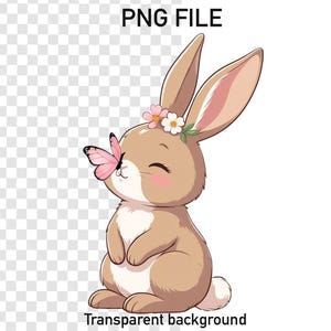 Schattig konijn PNG, cartoon konijntje met vlinder op neus, png-illustratie, woondecoratie, cadeau voor kinderen, prenten, lentedecor, schattig konijntje kunst