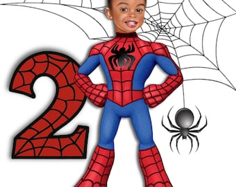 パーソナライズされたスパイダーマンの肖像画、誕生日ポスタースパイダーマン、カスタムスーパーヒーローのイラスト、お子様の顔を使ったデジタルスパイダーマンアート