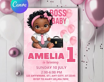 Editable Boss Baby Birthday Invitation, Baby Boss Invite, Custom Kids invitation, Canva Template, Instant Download, Baby Boss Girl Birthday