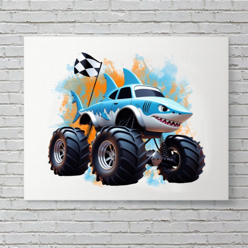 Peut inclure: Un camion monstre bleu avec un visage de requin et un drapeau &agrave; damier. Le camion a de gros pneus et roule sur un fond blanc avec des &eacute;claboussures d'aquarelle orange et bleue.