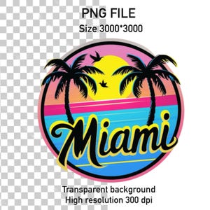 Atardecer en Miami (PNG), imagen prediseñada de playa de verano retro, ilustración de sol tropical, Miami (PNG), diseño de sublimación, diseño de playa de Miami, verano vintage