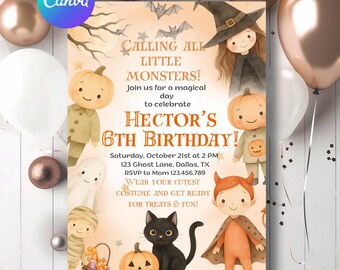 Cute Halloween Birthday Invitation, Editable Canva Template, Kids Costume Party Invite, Printable Spooky Birthday Card, Birthday boy