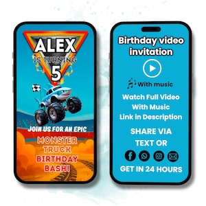 Personalized Monster Truck Video Invitation, Custom birthday Kids Invite with Photo, Name,Age,Address and PSVP,Monster Truck Invitation, MP4