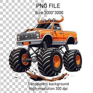 Bull Monster Truck PNG - Orange Truck Digital Download, Wild Truck Clipart dla chłopców, Projekt sublimacji, Crazy Bull Truck, Plik PNG