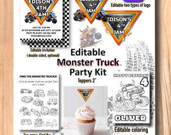 Monster Truck Birthday Party Bundle -Editable Invitation,Logos,Coloring Pages,Toppers,  Game -Printable Template for Boys-Editable in Canvas