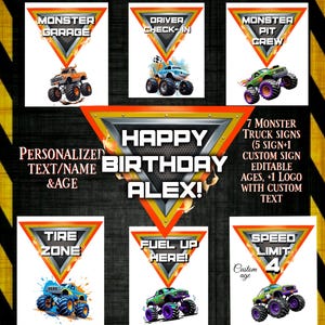 Panneaux de fête d'anniversaire Monster Truck - Nom et âge personnalisés - Décorations imprimables - Thème Monster Truck - Kit de fête modifiable, logo Monster Truck
