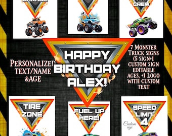Monster Truck Birthday Party Signs – Custom Name & Age – Printable Decorations – Monster Truck Theme – Editable Party Kit,Monster Truck Logo