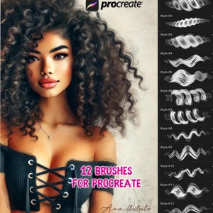 May include: A set of 12 digital brushes for Procreate, featuring various wavy and curly hair styles. The brushes are displayed on a white background with the text "12 Brushes for Procreate" and "Amor_illustrator".