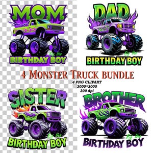 Monster Truck Bundle PNG, Monster Truck Geburtstagskind, Mutter des Geburtstagskindes, Vater des Geburtstagskindes, Schwester des Geburtstagskindes, Clipart