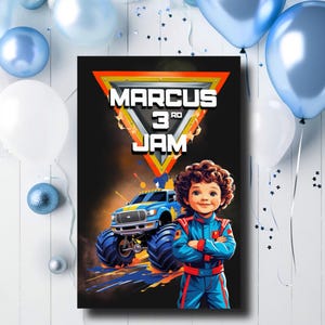 Affiche personnalisée d'anniversaire de camion monstre avec photo, nom personnalisé art mural, fichier numérique imprimable, décoration de fête de voiture de course garçon, affiche de camion