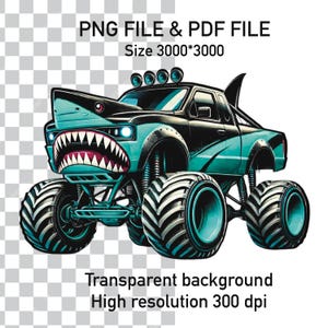 Megalodon Monster Truck, Monster Truck digital art, PDF poster Monster Truck, Grave digger, Kids room decor, PNG download, Automotive art