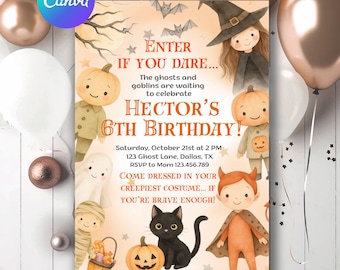 Scary Halloween Birthday Invitation,Editable Canva Template,Spooky Kids Costume Party Invite,Printable Haunted Birthday Card, Halloween Card