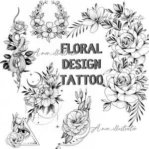 Floral tattoo, Floral tattoo design, Hand draw tattoo,Digital sign tattoo,Flower tattoo design, Tattoo gift,Digital file tattoo,6 PNG files
