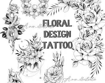 Tatuaje floral, diseño de tatuaje floral, tatuaje dibujado a mano, tatuaje de signo digital, diseño de tatuaje de flor, regalo de tatuaje, tatuaje de archivo digital, 6 archivos PNG