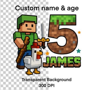 Nombre y edad personalizados, cumpleaños en pixel art, archivo digital para fiesta infantil, PNG de cumpleaños de niño, fondo transparente, 300 DPI, clipart de cumpleaños