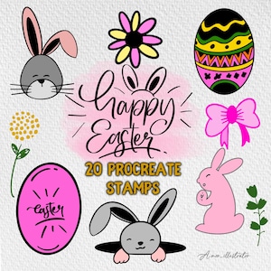 Könnte beinhalten: Ein Set mit 20 digitalen Stempeln für Procreate mit Illustrationen zum Thema Ostern. Die Stempel beinhalten Hasen, Eier, Blumen und den Text "Frohe Ostern".
