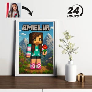 Retrato personalizado de Minecraft a partir de tu foto, arte de píxeles personalizado con nombre y fondo, regalo estilo Minecraft para niños y jugadores.