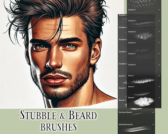 May include: A set of digital brushes for Procreate, featuring a variety of stubble and beard styles. The brushes are shown on a black background with white text labels.