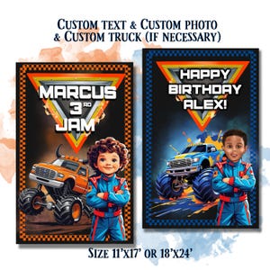 Affiche personnalisée d'anniversaire de camion monstre avec photo, nom personnalisé art mural, fichier numérique imprimable, décoration de fête de voiture de course garçon, affiche de camion
