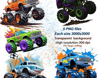 Monstertruck Clipart PNG Bundle, Jungen Auto Clipart, Cartoon LKW PNG, Kinder druckbar, Monstertruck Party Dekor, digitaler Download