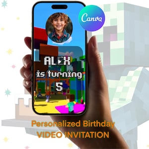 Video Game Birthday Invitation, Animated Birthday Custom Block Style Invite, Personalized Text & Photo, Editable Party Invite, Custom Video