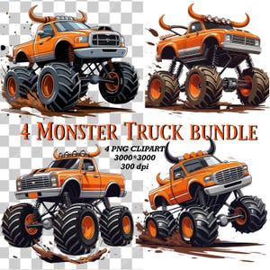 Set von 4 Stier Monstertruck PNG - Orange Stier Clipart-Bundle, Wild LKW Sublimation Design, Jungen digitaler Download, LKW PNG, Kinder Party Dekor