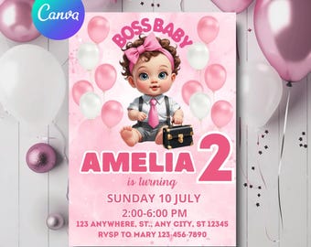 Editable Boss Baby Birthday Invitation, Baby Boss Invite, Custom Kids invitation, Canva Template, Instant Download, Baby Boss Girl Birthday