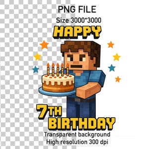 Pixel Style Birthday Boy PNG - 7th Birthday Digital Download - Block Game Inspired Art, High Resolution 300 DPI - Transparent Background