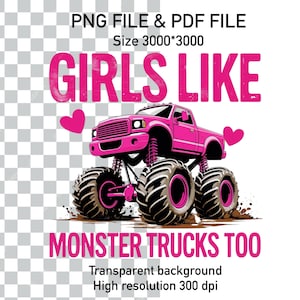Mädchen mögen auch Monstertruck, Mädchen LKW digitalen Download, LKW-Liebhaber Clipart, schwere Bagger PNG, weibliche LKW-Fahrer-Druck, Landmädchen PNG