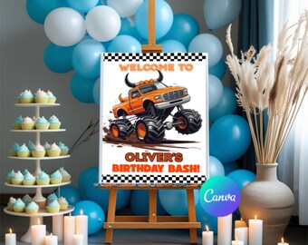 Op de afbeelding: Een welkomstbord voor een verjaardagsfeest met een cartoon monstertruck met oranje en zwarte accenten. Het bord zegt "Welkom op Oliver's verjaardagsfeest!" en heeft een geruite achtergrond.