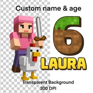 PNG de cumpleaños personalizado, estilo pixel art para niña, nombre y edad personalizados, fondo transparente, archivo digital para fiesta infantil, 300 DPI