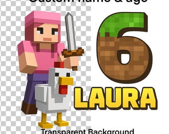 Custom Birthday PNG, Pixel Art Style Girl, Custom Name & Age, Transparent Background, Digital File for Kids Party, 300 DPI
