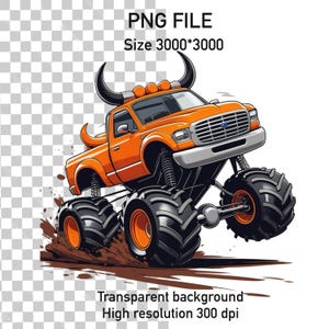 Monster Truck PNG, Bull Monster Truck, Orange Bull Monster Truck PNG, Monster Truck Party, imprimable Monster Truck, thème d'anniversaire de garçons