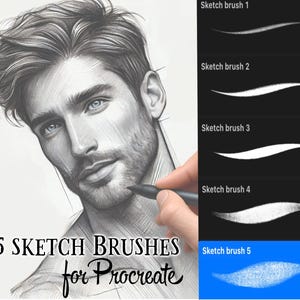 May include: A digital illustration of a man's face drawn in pencil. The image is accompanied by a set of five sketch brushes for the Procreate app. The brushes are shown as strokes on a black background.