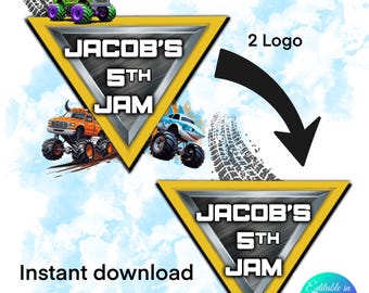 2 logos modifiables de Monster Truck avec texte personnalisé, modèle sur toile, logo enfant personnalisé, logo de fête Monster Truck, logo Monster Truck personnalisé