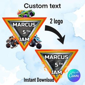 2 logos modifiables de Monster Truck avec texte personnalisé, modèle sur toile, logo enfant personnalisé, logo de fête Monster Truck, logo Monster Truck personnalisé