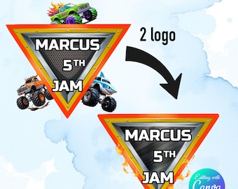 2 Editable Monster Truck Logos with Custom Text,Canva Template, Personalized Kids Logo,Monster Truck Party Logo, Custom Monster Truck Logo