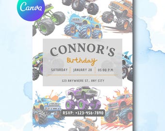 Monster Truck Invitation Template, Editable Canva Birthday Invite 5x7,  Boys Monster Truck Party Invitation, Instant Download