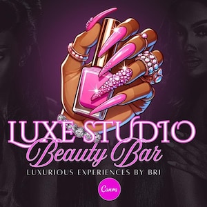 May include: A logo for Luxe Studio Beauty Bar. The design features a hand with long, pink bejeweled nails holding a pink nail polish bottle. The logo includes the text "Luxe Studio Beauty Bar" in a cursive font, with "Luxurious Experiences by Bri" below.