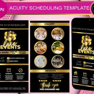 Può includere: Un volantino nero e dorato con il testo "Luxe Events" e un logo di palloncini dorati. Il volantino include gli orari di prenotazione, le informazioni di contatto e una galleria di foto di eventi. Il volantino include anche una sezione per le recensioni e un messaggio di ringraziamento.